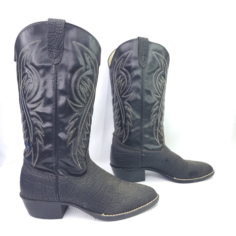 Vintage Bronco Black Faux Leather Western Boots Pull On Shoes USA Made Size 8.5.